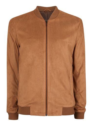 Topman Mens Brown Tan Faux Suede Formal Bomber Jacket