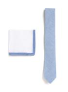 Topman Mens Blue Chambray Tie And White Pocket Square Set