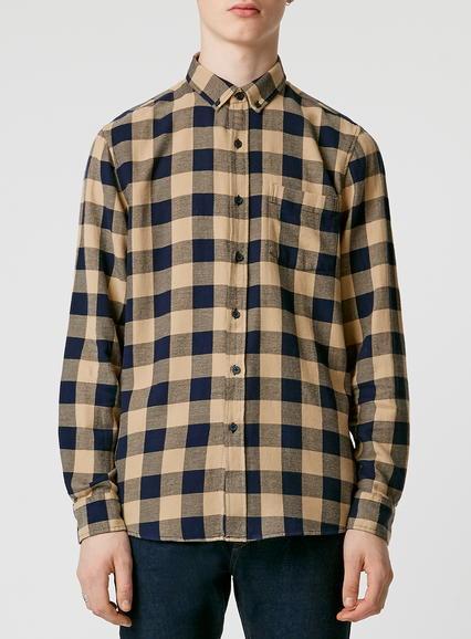 Topman Mens Yellow Mustard And Navy Buffalo Long Sleeve Casual Check Shirt