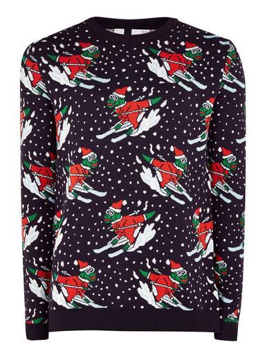 Topman Mens Blue 'skiing Dinosaur' Ugly Sweater
