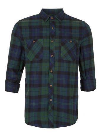 Topman Green Tartan Flannel Long Sleeve Shirt