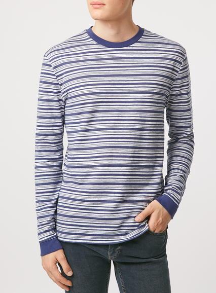 Topman Mens Long Sleeve Blue Stripe T-shirt