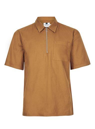 Topman Mens Brown Tan Short Sleeve Half Zip Shirt