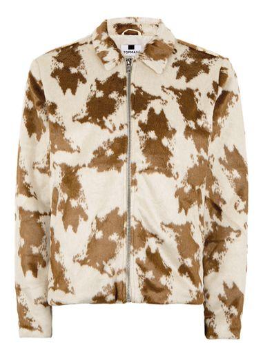 Topman Mens Cream Faux Fur Cow Print Harrington Jacket