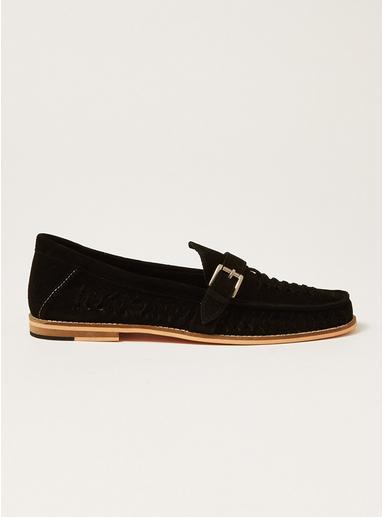 Topman Mens Black Suede Mace Buckle Weave Loafers
