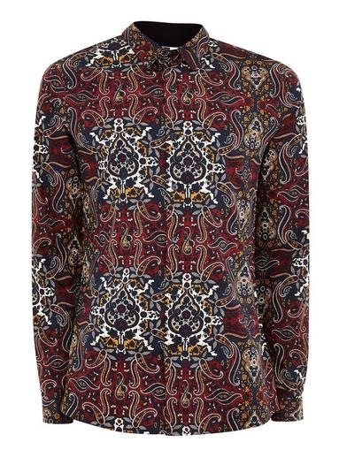 Topman Mens Red Burgundy Paisley Stretch Skinny Smart Shirt