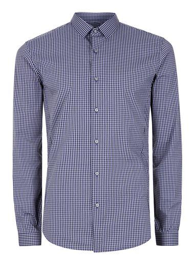 Topman Mens Grey And Navy Gingham Stretch Skinny Fit Dress Shirt
