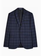 Topman Mens Navy Check Skinny Fit Single Breasted Blazer With Notch Lapels