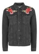 Topman Mens Black Rose Embroidered Denim Jacket