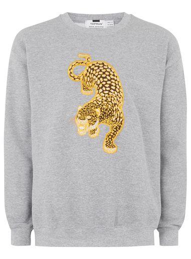 Topman Mens Grey Gray Embroidered Leopard Sweatshirt