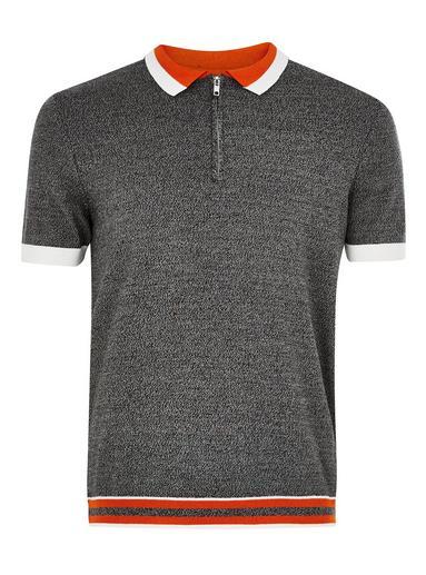 Topman Mens Mid Grey Salt And Pepper Tipped Zip Polo