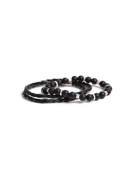 Topman Mens Black Leather Look Plait And Beaded Bracelet Set*