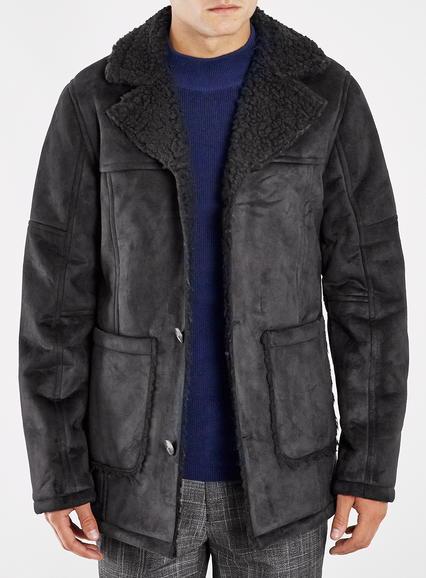 Topman Mens Black Faux Shearling Jacket