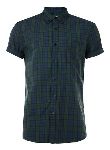 Topman Mens Green, Navy And Black Check Short Sleeve Casual Shirt