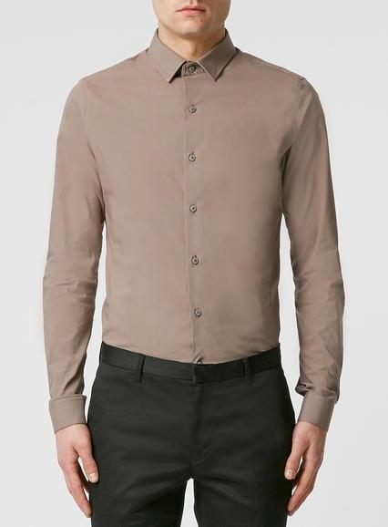 Topman Mens Brown Taupe Stretch Long Sleeve Dress Shirt