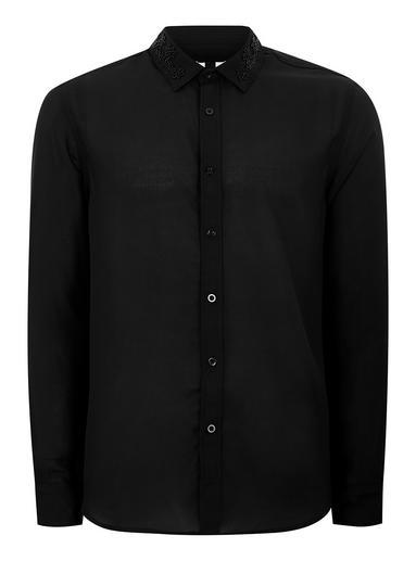Topman Mens Black Beaded Collar Long Sleeve Shirt