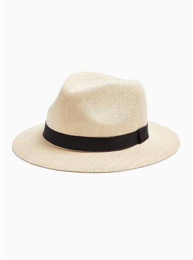 Topman Mens Beige Straw Fedora With Black Trim