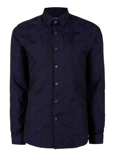 Topman Mens Blue Navy And Black Jacquard Slim Fit Dress Shirt