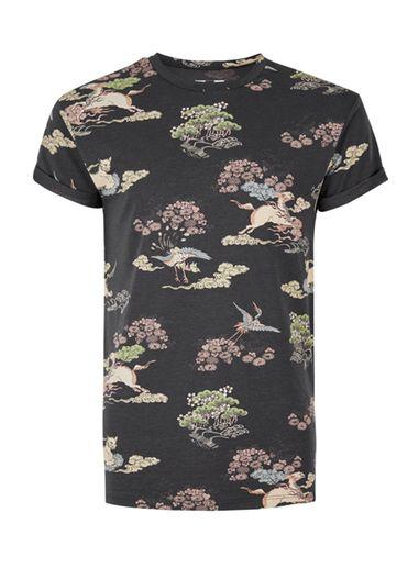 Topman Mens Black Dragon Print Slim Fit T-shirt