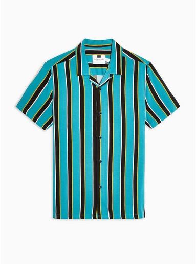 Topman Mens Multi Teal Block Stripe Revere Shirt