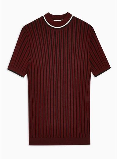 Topman Mens Red Burgundy And Black Plaited Roll Neck Jumper