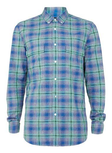 Topman Mens Blue And Green Check Button Down Casual Shirt