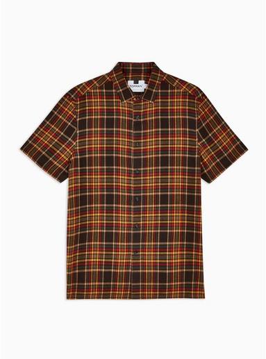 Topman Mens Brown And Mustard Check Slim Shirt