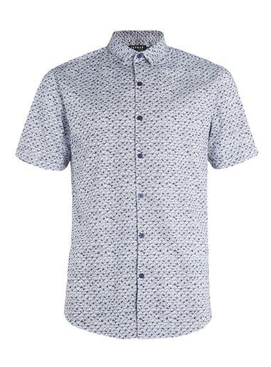 Topman Mens Blue Navy Fan Print Short Sleeve Smart Shirt