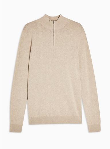 Topman Mens Stone Marl Zip Turtle Neck Jumper