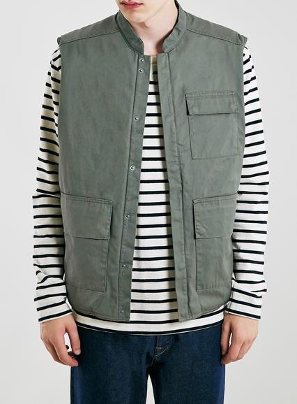Topman Mens Green Ltd Core Waxed Khaki Utility Vest