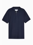 Topman Mens Navy Black Zip Short Sleeve Polo