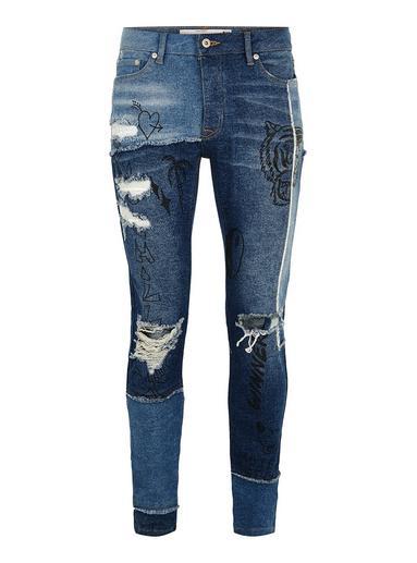 Topman Mens Blue Hand Drawn Stretch Skinny Jeans