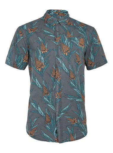 Topman Mens Black Globe Grey And Orange Plant Print Short Sleeve Shirt*