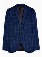 Topman Mens Blue Navy Super Skinny Fit Windowpane Check Single Breasted Blazer With Notch Lapels