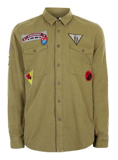 Topman Mens Green Khaki Badged Twill Cotton Casual Shirt