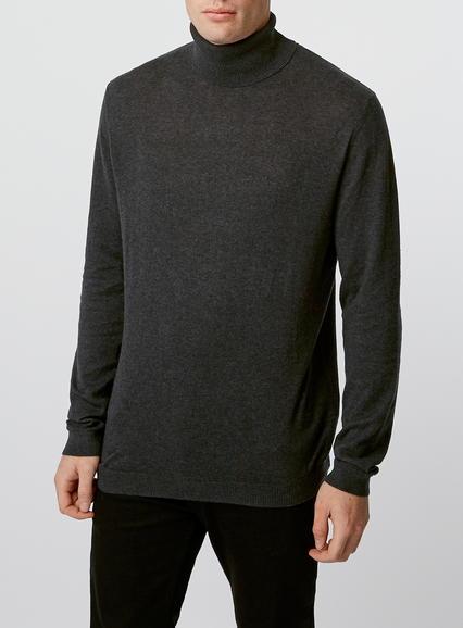 Topman Mens Grey Charcoal Marl Roll Neck Jumper