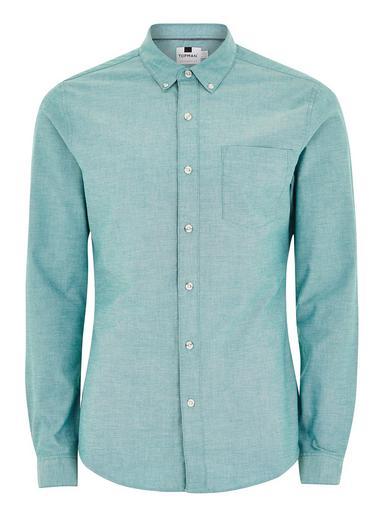 Topman Mens Blue Teal And White Muscle Long Sleeve Oxford Shirt