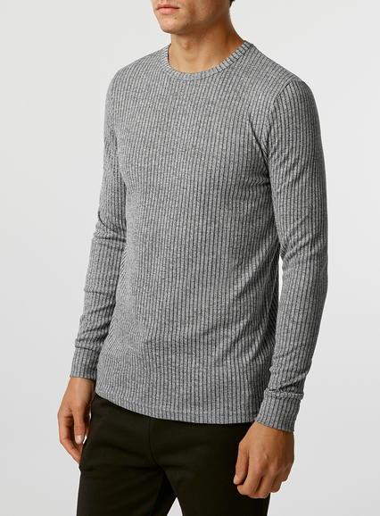 Topman Mens Long Sleeve Grey Rib T-shirt