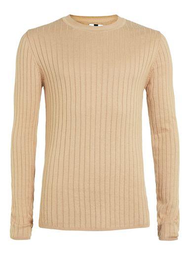 Topman Mens Brown Camel Rib Crew Sweater