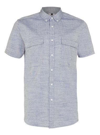 Topman Mens Blue Twill Short Sleeve Casual Shirt