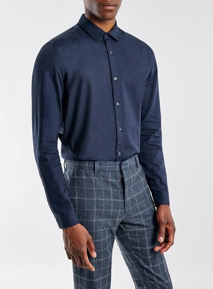 Topman Mens Blue Navy Waffle Long Sleeve Casual Shirt