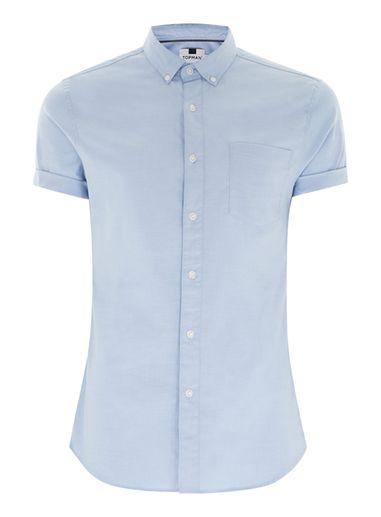Topman Mens Blue Muscle Fit Oxford Short Sleeve Shirt