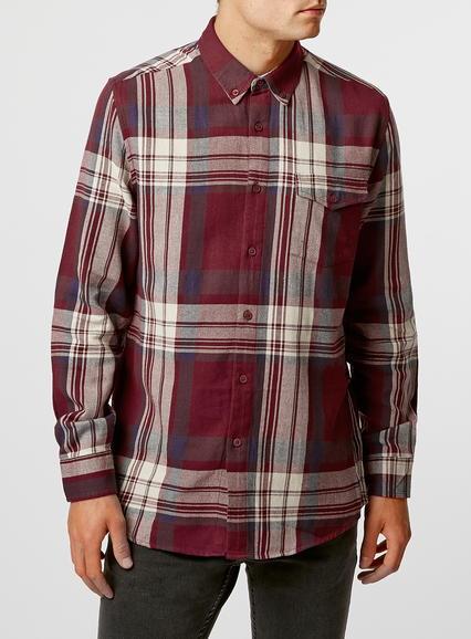 Topman Mens Red Burgundy Oversized Long Sleeve Casual Check Shirt