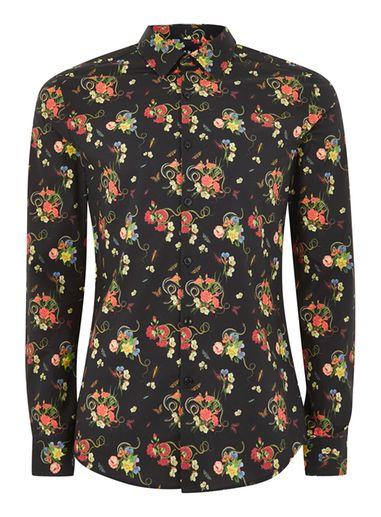 Topman Mens Black Floral Snake Print Muscle Long Sleeve Shirt