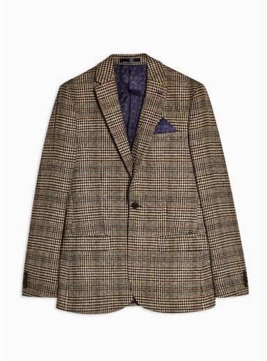 Topman Mens Heritage Brown Check Skinny Fit Single Breasted Suit Blazer With Notch Lapels