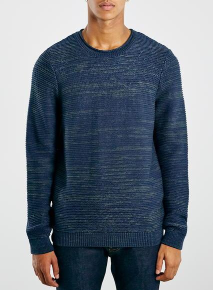 Topman Mens Green Navy Rib Rolled Neck Jumper