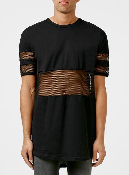 Topman Mens Black Mesh Cut And Sew Longline T-shirt
