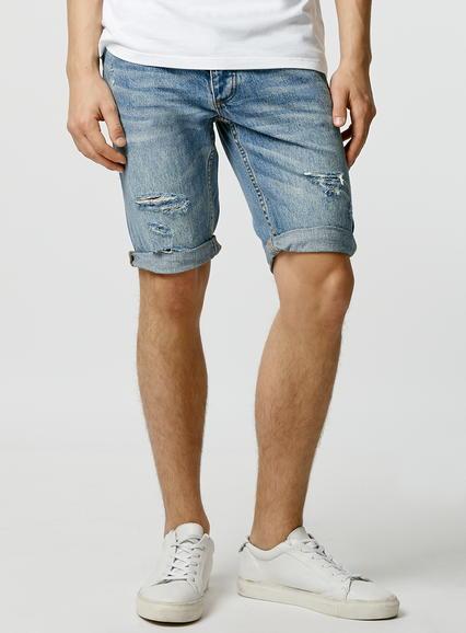 Topman Mens Blue Mid Denim Rip Skinny Shorts