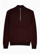 Topman Mens Red Burgundy Plaited Half Zip Sweatshirt