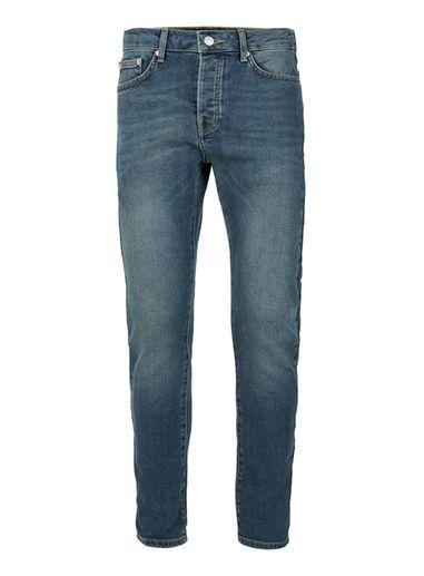 Topman Mens Blue Vintage Wash Stretch Tapered Fit Jeans